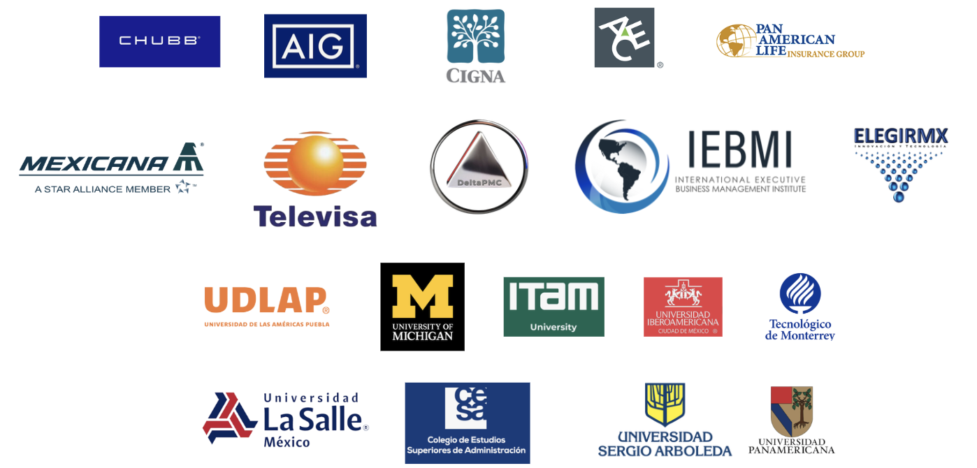 Organizations represented in Miguel’s supplied materials include Chubb, AIG, Cigna, ACE, Pan American Life, Mexicana, Televisa, UDLAP, University of Michigan, ITAM, Tecnológico de Monterrey, Universidad La Salle and others